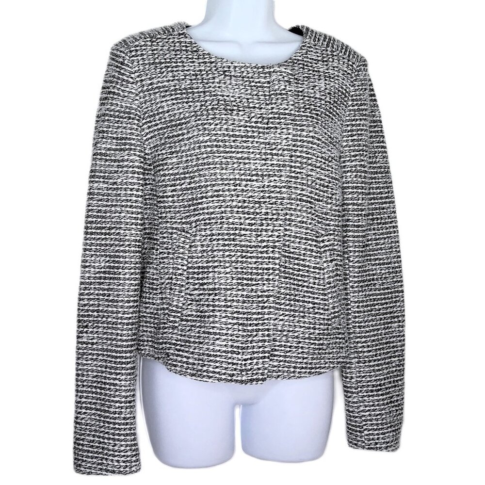 New Loft Black & White Boucle Blazer Jacket Zip Front Pockets Lined Career Sz 8